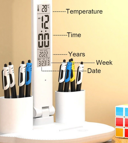 LED Desk Lamp With Built in Clock and Pencil Holder